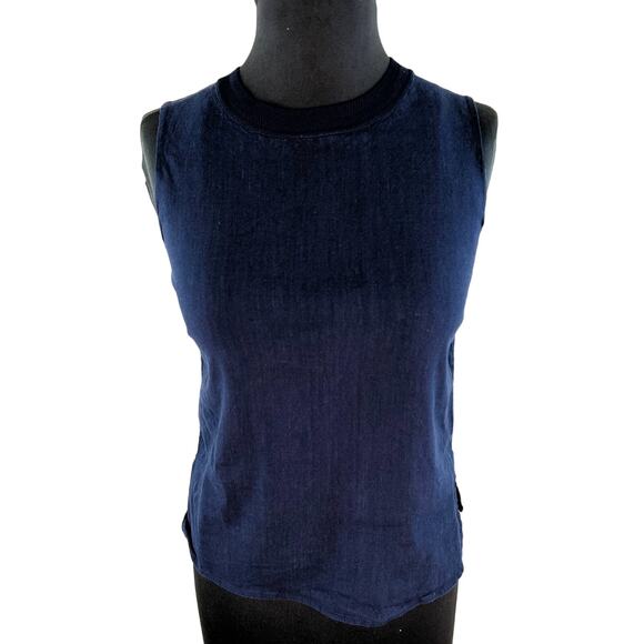 VINCE Navy Blue Linen Blend Ribbed Crew Neck Sleeveless Top Tank XS X-Small - Picture 1 of 7
